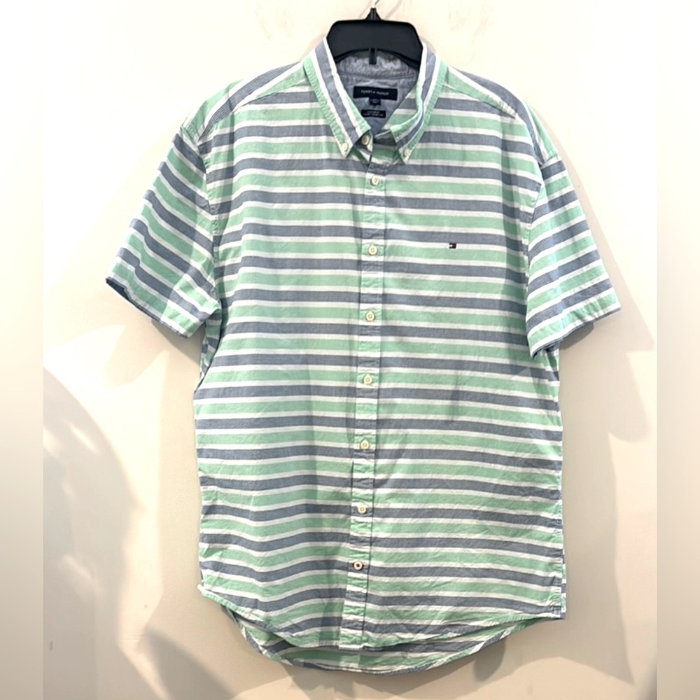 Men's Tommy Hilfiger Green/Blue Cotton Striped Size XXL Shirt Casual